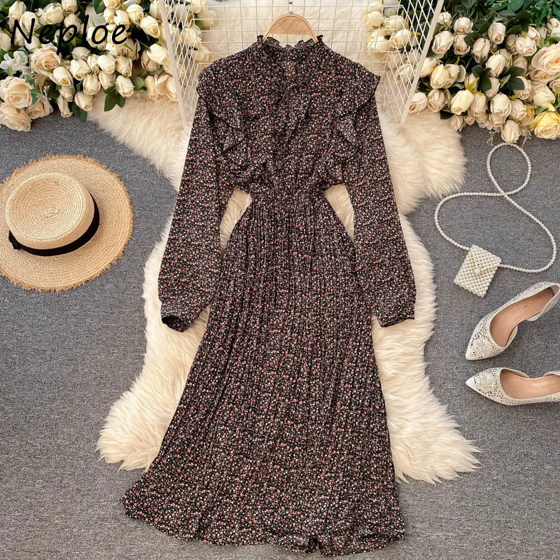 

Neploe French Style Chic Flower Print Women Dresses Autumn All-match Vintage Fungus Patchwork Vestidos Tie Collar Slim Fit Dress
