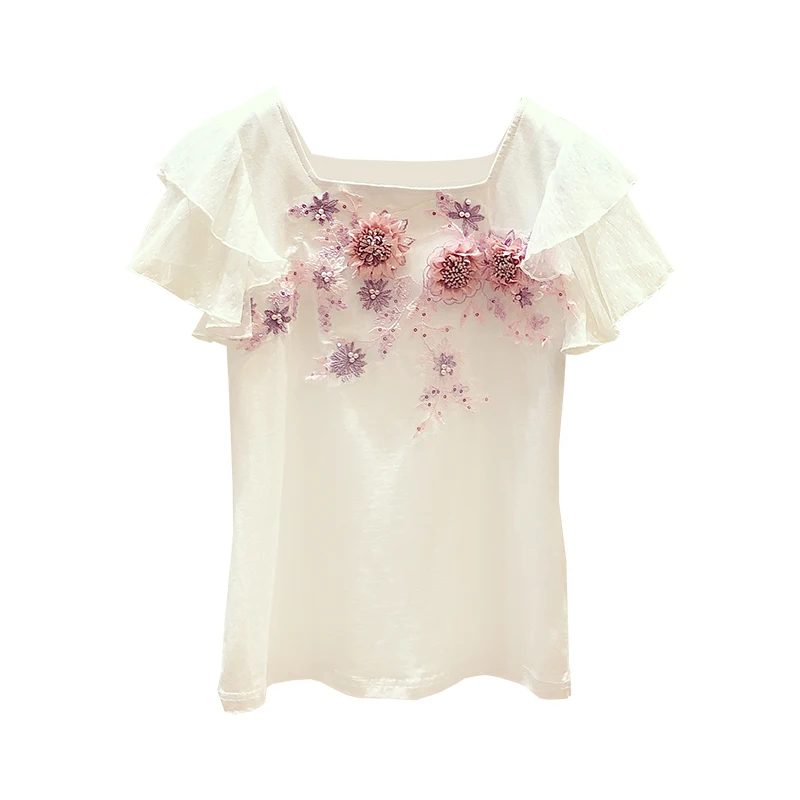 Женская футболка с цветочной вышивкой Повседневная белая оборками на рукавах
