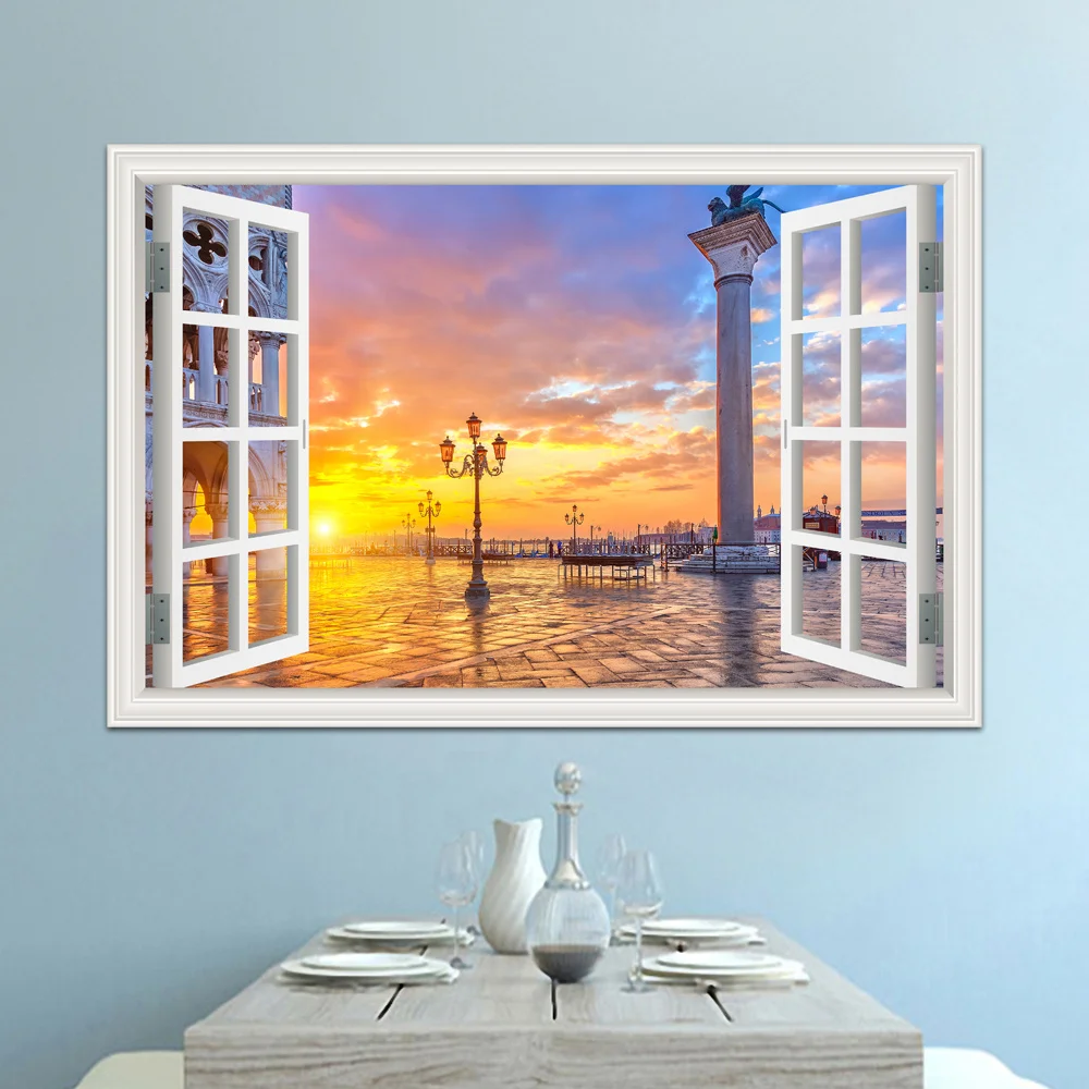 One piece Beautiful City Water Town Scenery 3D Window View Sticker Decal Vinyl Mural Wallpaper Wall PVC Room Decor | Дом и сад