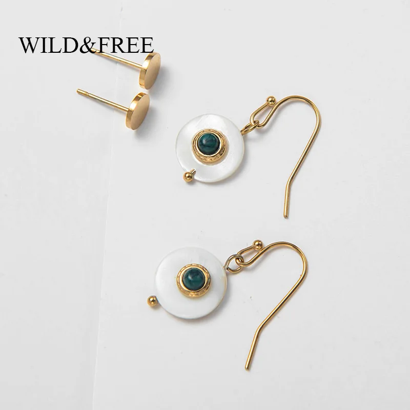 

Wild&Free Minimalist Cute Round Dangle Earrings Set Stainless Steel Disc Shell Pendant With Natural Stone Earrings For Women