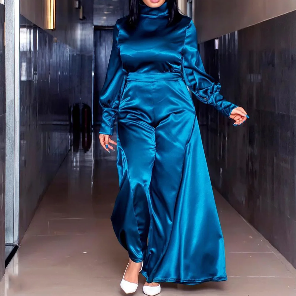 Винтажный женский офисный комбинезон зеленого цвета с высоким воротом высокой