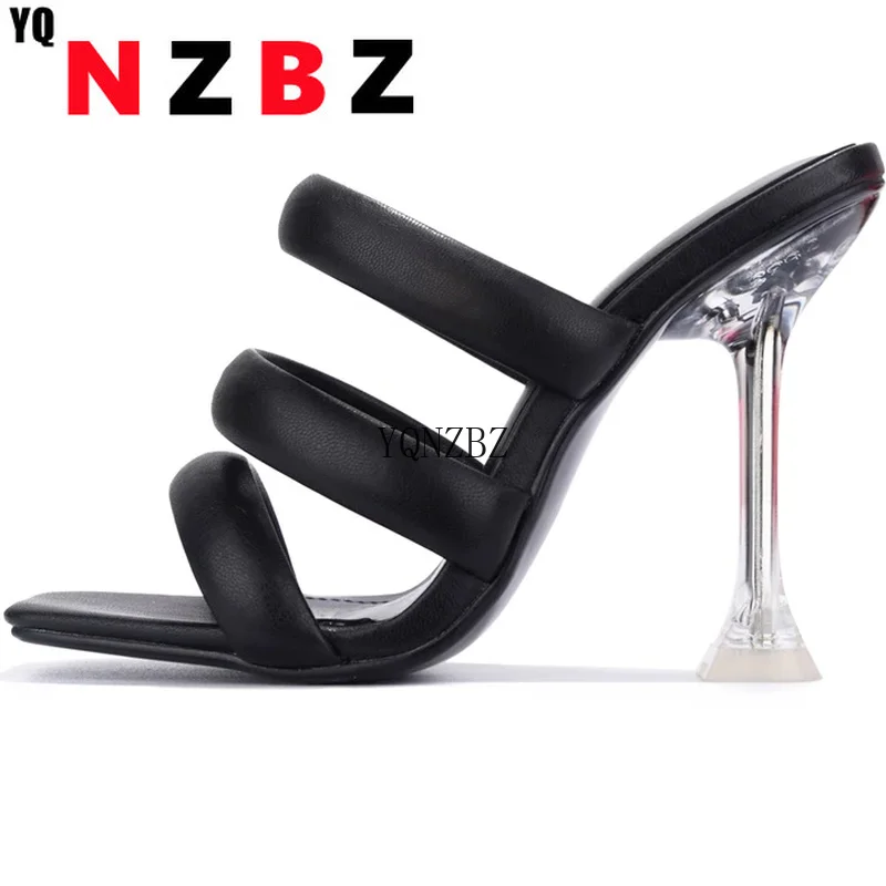 

2022 Summer New High Heel Fashtion Women's Light Slippers Square Head Pu Leather Solid Color Stiletto Women's Casual Slippers