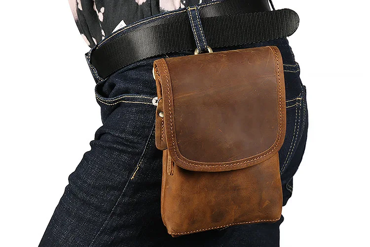 Поясная кожаная мужская сумка через плечо с карманом crazy horse Кожаная поясная