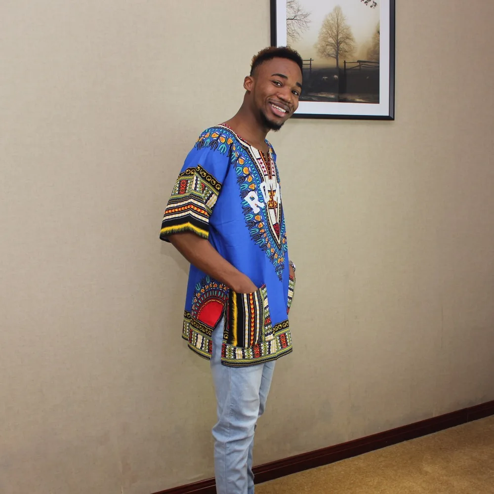 Африканская футболка синяя королевская одежда унисекс с принтом Дашики Мужская