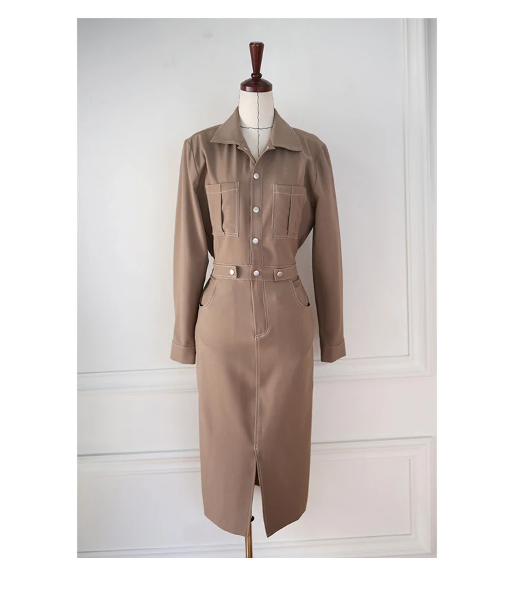 

2020 Autumn OL Mid-Calf Vestidos Women's Split Solid Pencil Long Sleeved Vintage Casual Work Dress