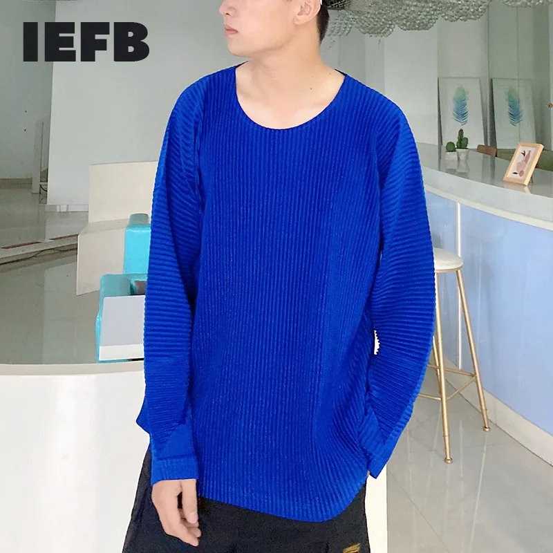 

IEFB Men's Pleated Loose T-shirt Autumn Winter 2021 Thin Casual Round Neck Solid Color Pullover Unisex Long Sleeved Tops 9D0025
