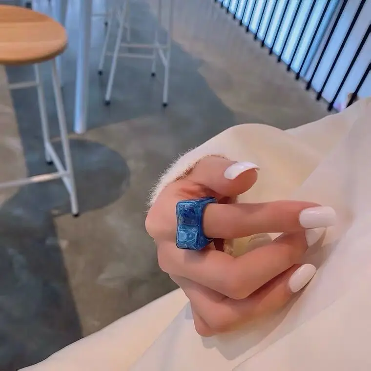 2022 New Kpop Trendy Colorful Transparent Geometry Arc Circle Resin Pattern Acrylic Rings for Women Girls aesthetic Jewelry Gift | Украшения