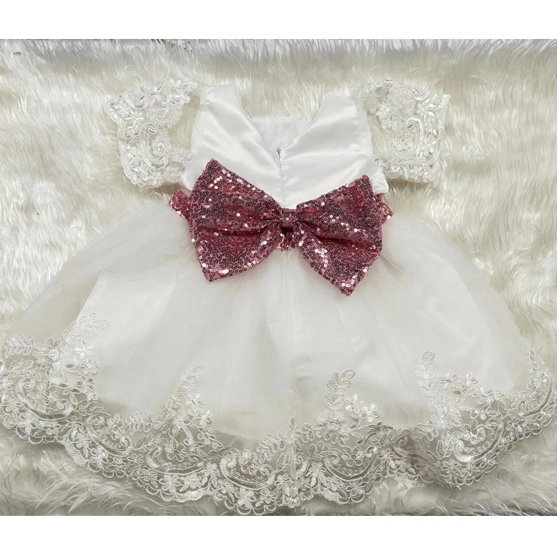 

2 Colors Summer Baby Girls Party Dress Outfits 0-6Y Lace Flowers Short Sleeve Back Big Sequined Bowknot Tutu Dress