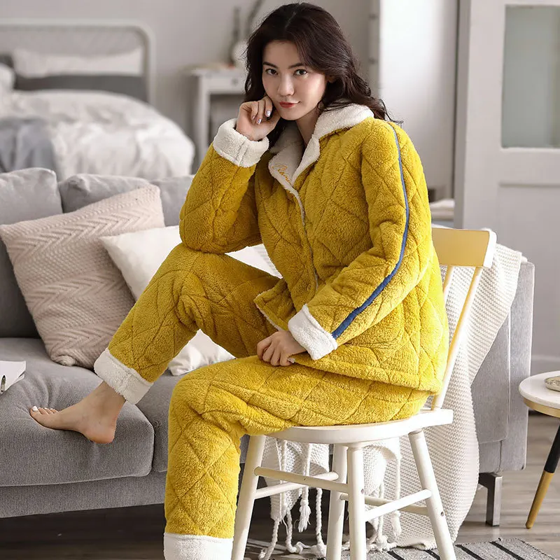 Pajamas Women Coral Fleece Autumn and Winter Homewear Set Winter Three-Layer Thick Fleece Cotton-Padded Flannel