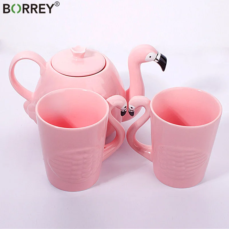 BORREY Ceramic Tea Sets Flower Teapot Teacup Flamingo Coffee Pot Mug Puer Tea Kettle Decoration Porcelain Tea Set Wedding Gift
