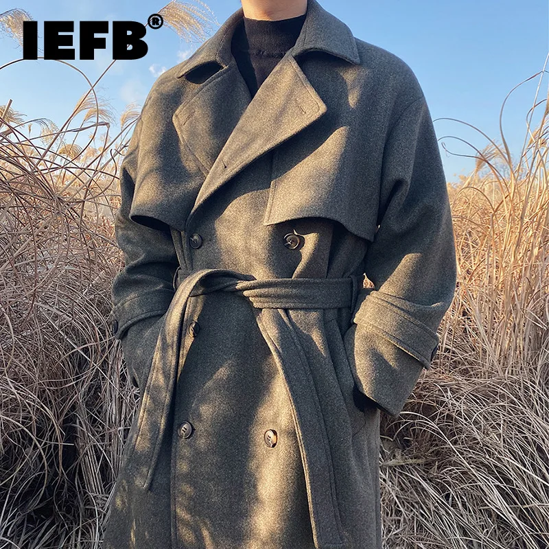

Мужская шерстяная прямая Повседневная ветровка IEFB, двубортное Свободное пальто с длинным рукавом, осеннее пальто в Корейском стиле