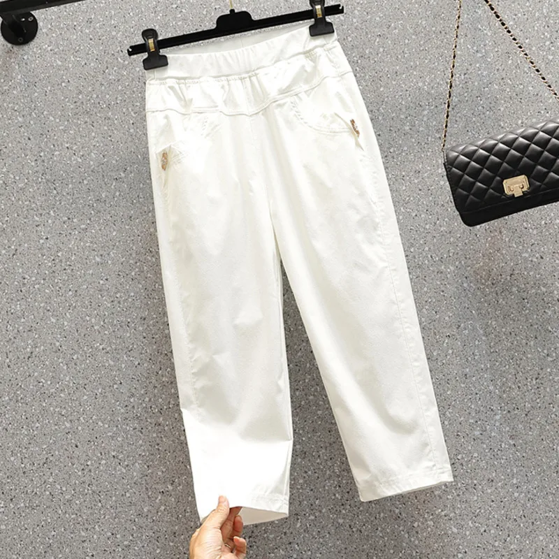 

Nkandby Summer Plus Size High Waist Elastic Korean Thin Capris Pants Women's Skinny Solid Color 100kg Female Large Capris Pants