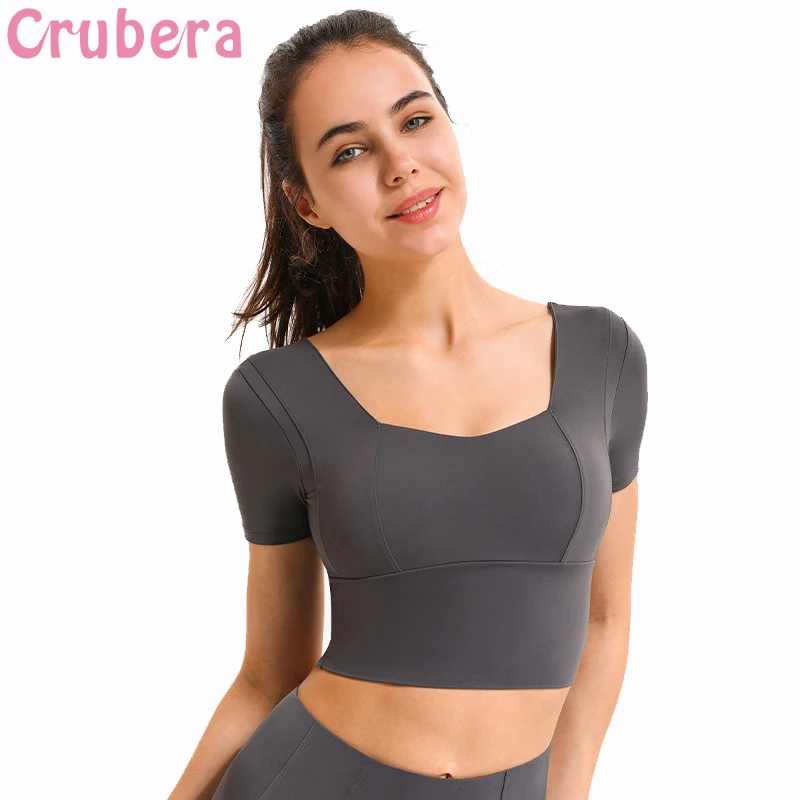 

CRUBERA Anti-sweat Plain Athletic Short-Sleeved Shirts Fitness Running Gym Women Padded Workout Yoga Sport Short Sleeve