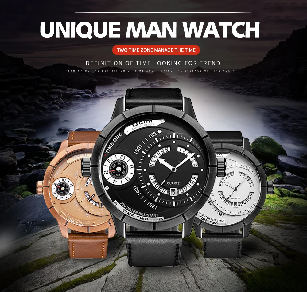 OULM Винтаж кварцевые часы Для мужчин с двумя часовыми поясами пилота деревянный