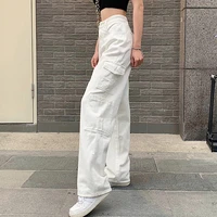 2021 vintage women fashion white blue high waist casual jeans loose omighty wide leg pocket cargo pants solid overalls trouser