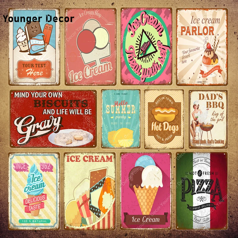 

Горячие пиццы, мороженое, пирог, барбекю, жестяной знак для бара, кафе, дома, кухни, металлическая живопись, художественный постер