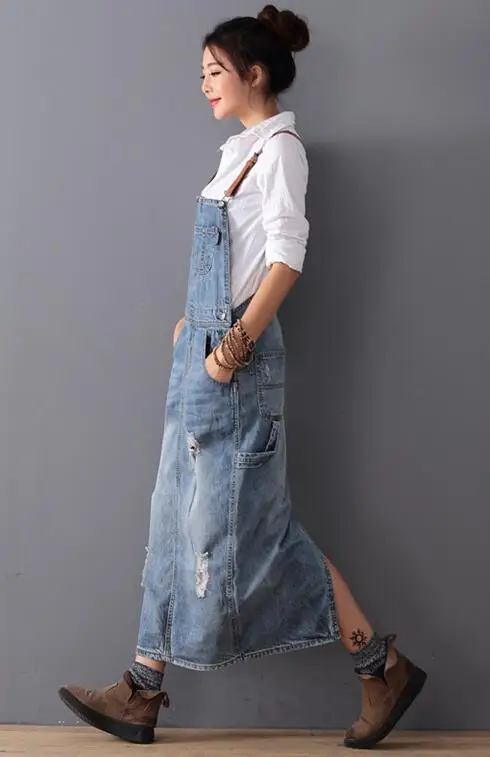 

Women Loose Denim Dress Ladies Bleached Holes Denim Dress Female Spaghetti Strap Ripped Vintage Denim Dresses 2021