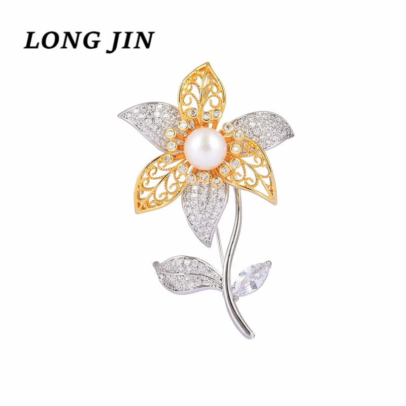 

Korean Version Of Pearl Flower Brooch Micro Inlaid Zircon Two-Color High-End Flower Brooch Fashion Atmospheric Accessories