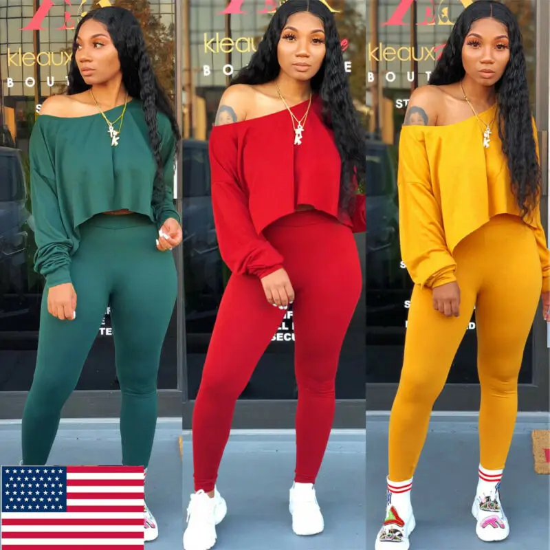 

2PCS Women 2Piece Outfits Long Sleeve Off Shoulder Crop Top Pants Set Casual Jumpsuit Ladies Top + Pants Clothes Set