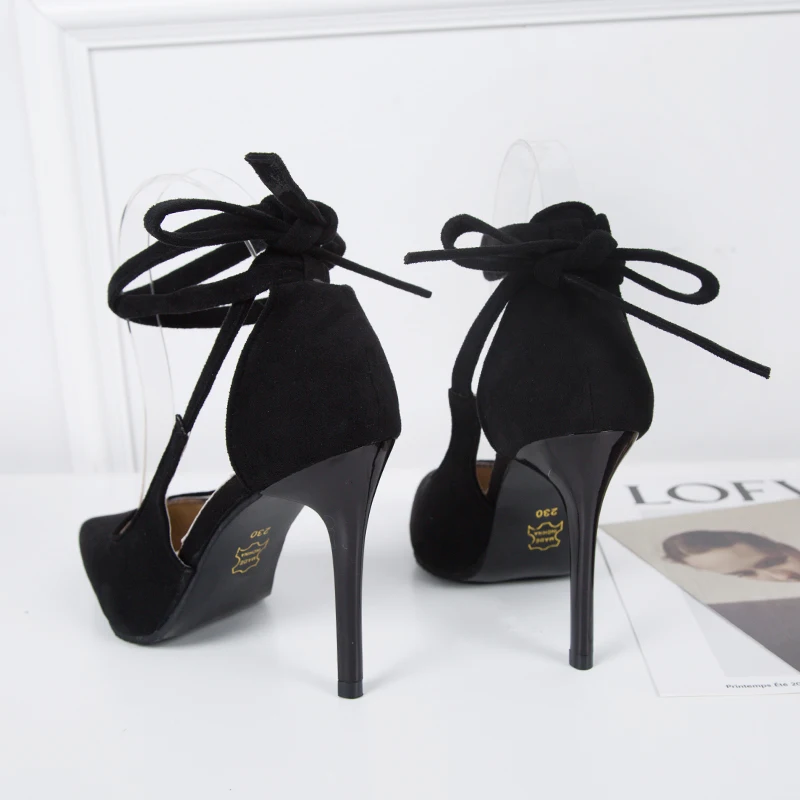 Черные босоножки для женщин летние высокие шпильки туфли-лодочки сандалии