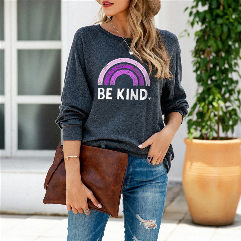 

2020 New Casual Cotton Hoodies Women Long Sleeve Pullover Sweatshirts Be Kind Printed Rainbow Pattern Casual Street Wear