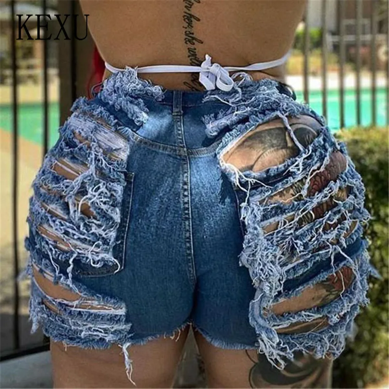 

KEXU Big Size XL-5XL Ripped Denim Shorts with Tassel Women Rave Clothes High Waist Hollow Out Blue Sexy Hole Jean Shorts