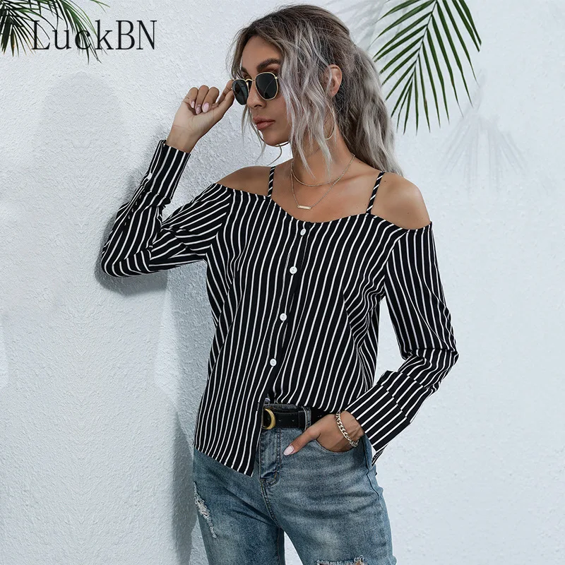 

Blouses Striped Long Sleeve Chiffon Shirts Women Blouses Off The Shoulder Casual Tops Spring Sexy Clothing Camisas Mujer 2021