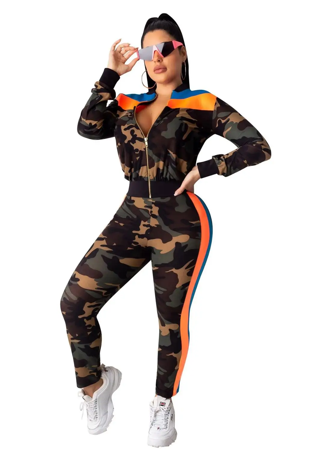 Камуфляжный женский спортивный костюм с цветным блоком повседневный топ-пальто