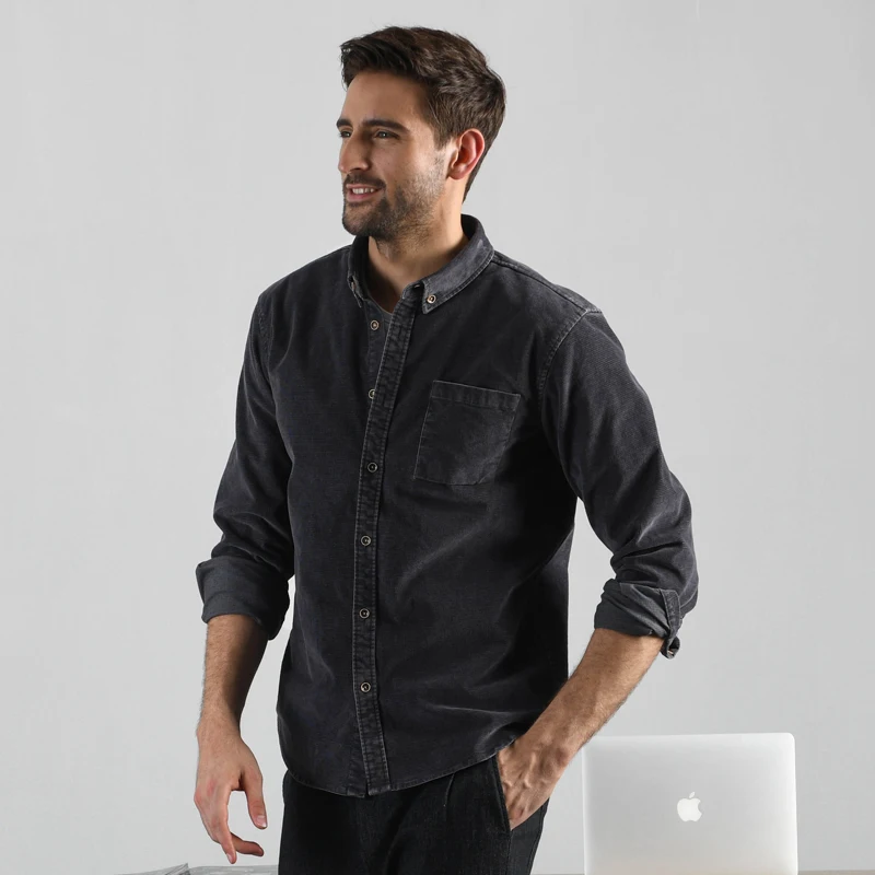 Мужская винтажная фланелевая приталенная хлопковая рубашка однотонные