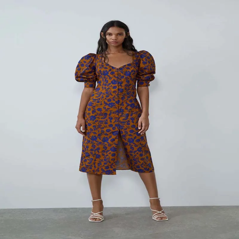 2019 Новое поступление Модные осенние цветочные пышные рукава v-образным вырезом с