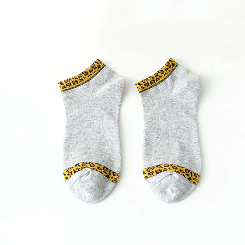 5 Pairs Solid Leopard Cotton Crew Sock Girls Short Spring Embroidery Summer Socks Woman Cotton Leopard Embroidered Ankle Socks