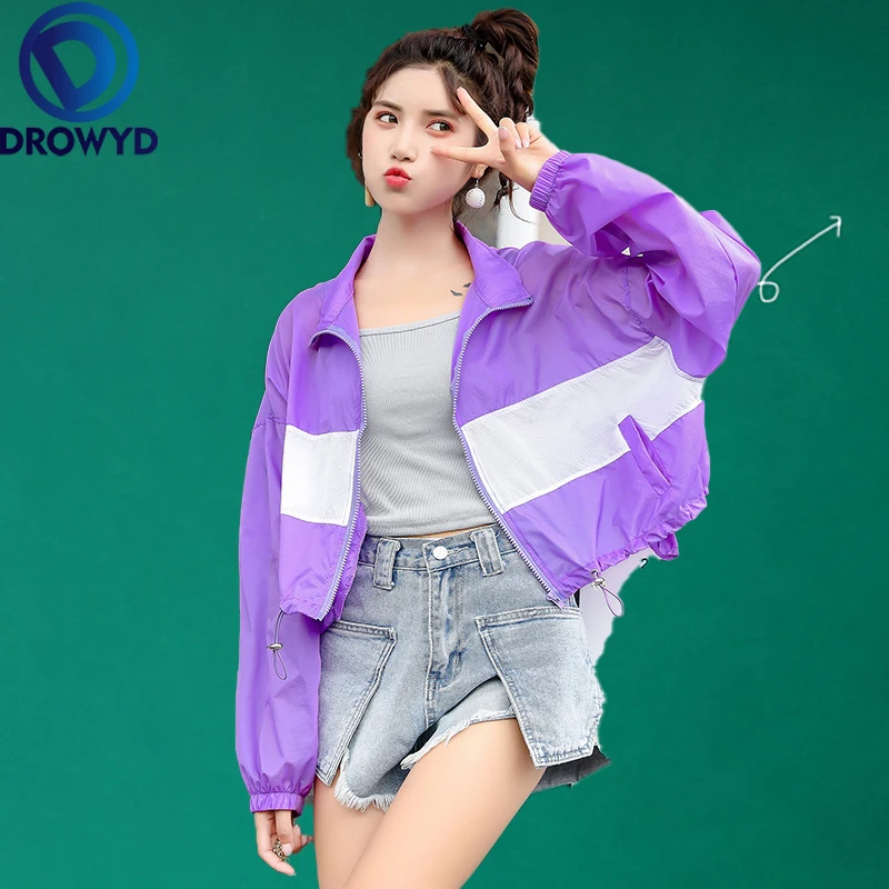 

Fashion Purple Patchwork Thin Baseball Jacket Women Casual Zipper Bomber Tops Breathable Sunscreen Cardigan Short Coat 3 Colors