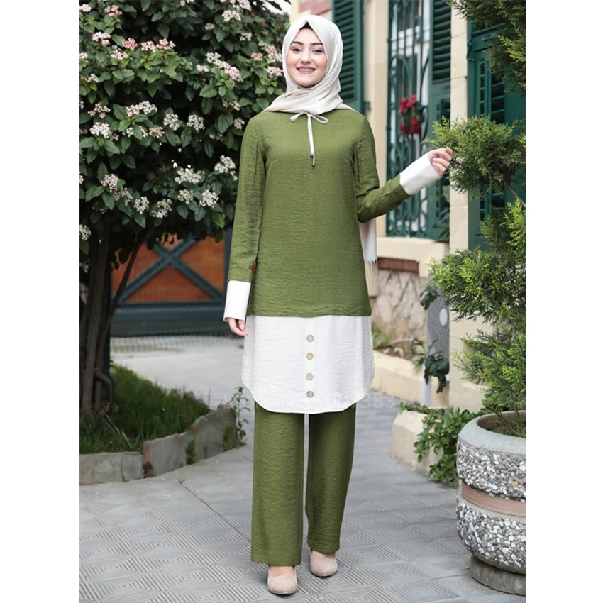 Two Piece Sets Women Turkey Muslim Abaya Patchwork Dresses Long Sleeve Ramadan Moroccan Kaftan Islamic Clothing Dress | Тематическая