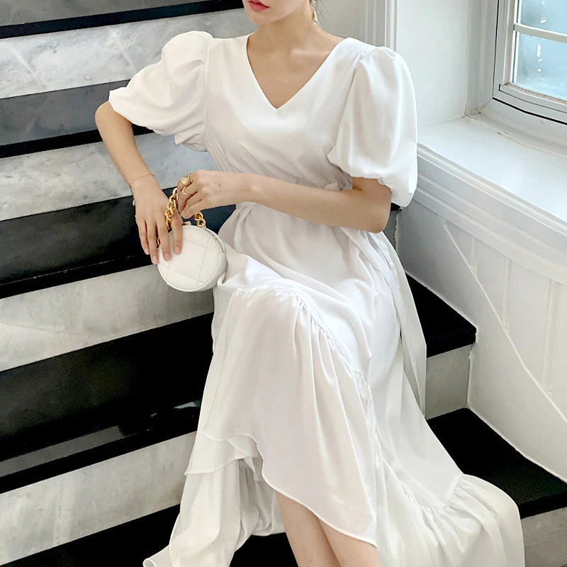 

Korean Chic Summer Elegant Temperament V-Neck Loose Tie Waist Puff Sleeve Mid-Length Irregular Dress