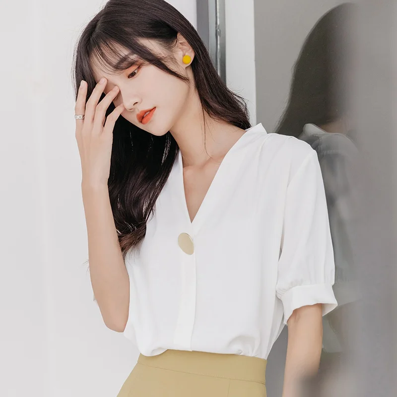 

Блузка женская с V-образным вырезом, Свободный Топ, профессиональная рубашка с коротким рукавом, на лето