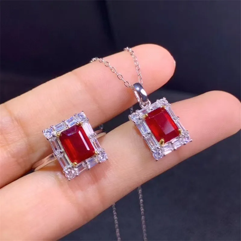 

Natural Ruby Gemstone Sets 925 Silver Bracelet Ring Pendant Necklace 3-pieces Suits Fine Wedding Jewelry for Women