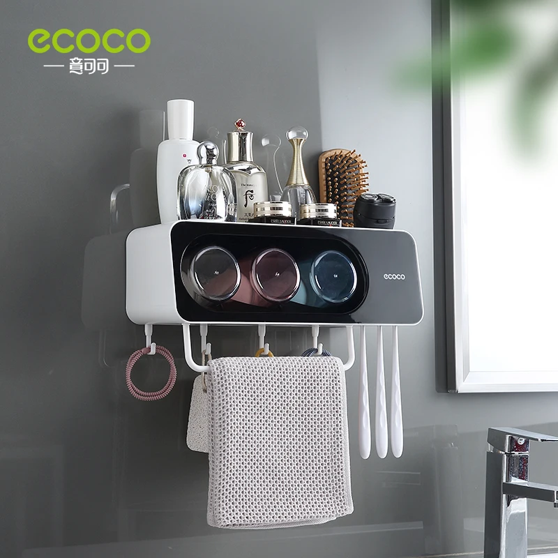 ecoco newest wall mount toothbrush cup holder multi functional bathroom accessories organizer rack with towel bar hooks free global shipping