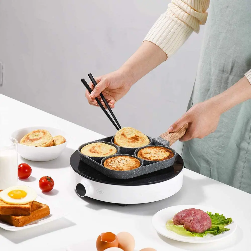UPORS 4 Hole Frying Pan Non Stick Breakfast Burger Egg Pancake Maker Wooden Handle Medical Stone Four Hole Omelet Pan images - 6