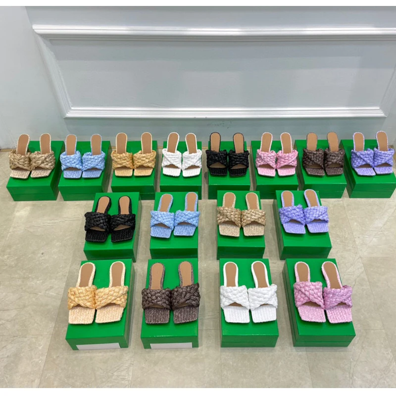 

2021 Handmade Weave Slippers Women Square Peep Toe Thin High Heel Sandals Candy Color Summer Party Sandalias Runway T-Show Shoes
