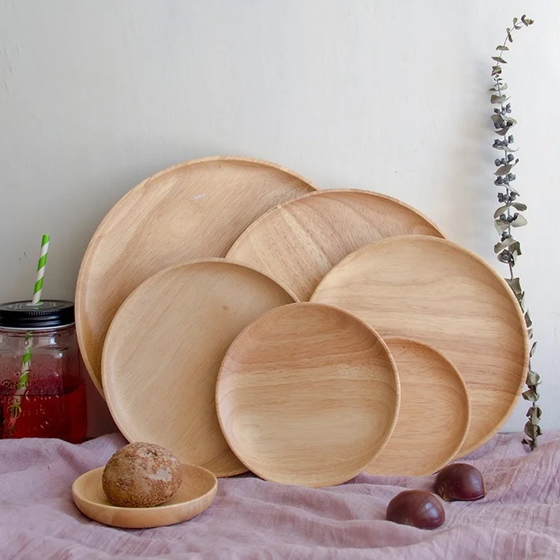 

New Round Solid Wood Plate Whole Acacia Wood Fruit Dishes Wooden Saucer Tea Tray Dessert Dinner Breakfast Plate Tableware Set