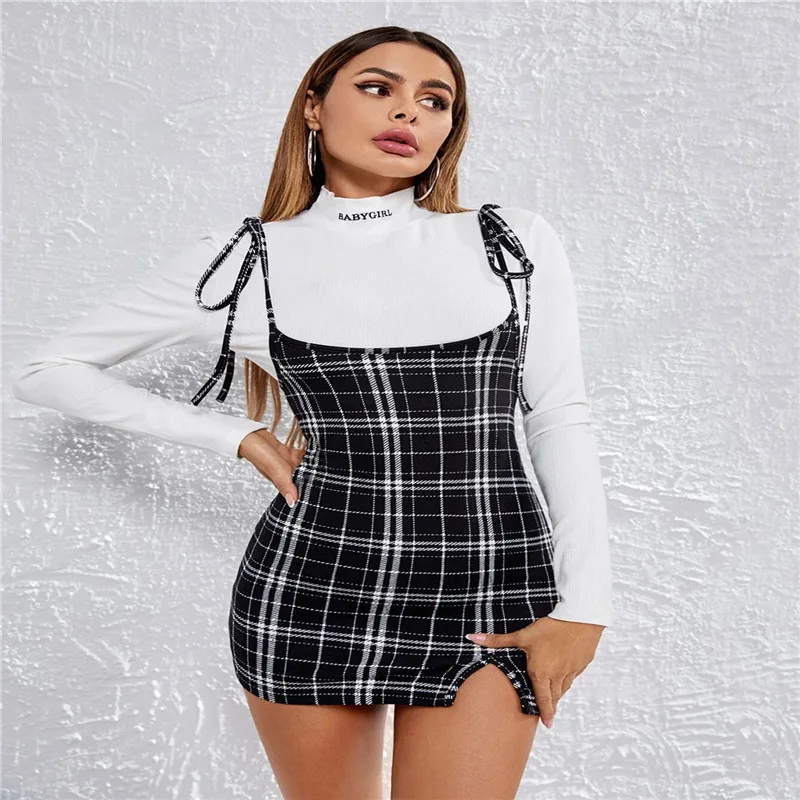 

Women Hip Strap Dress Summer Ladies Fall Elegant Plaid Print Adjustable Thin Shoulder High Waist Multi-season Casual Clothing