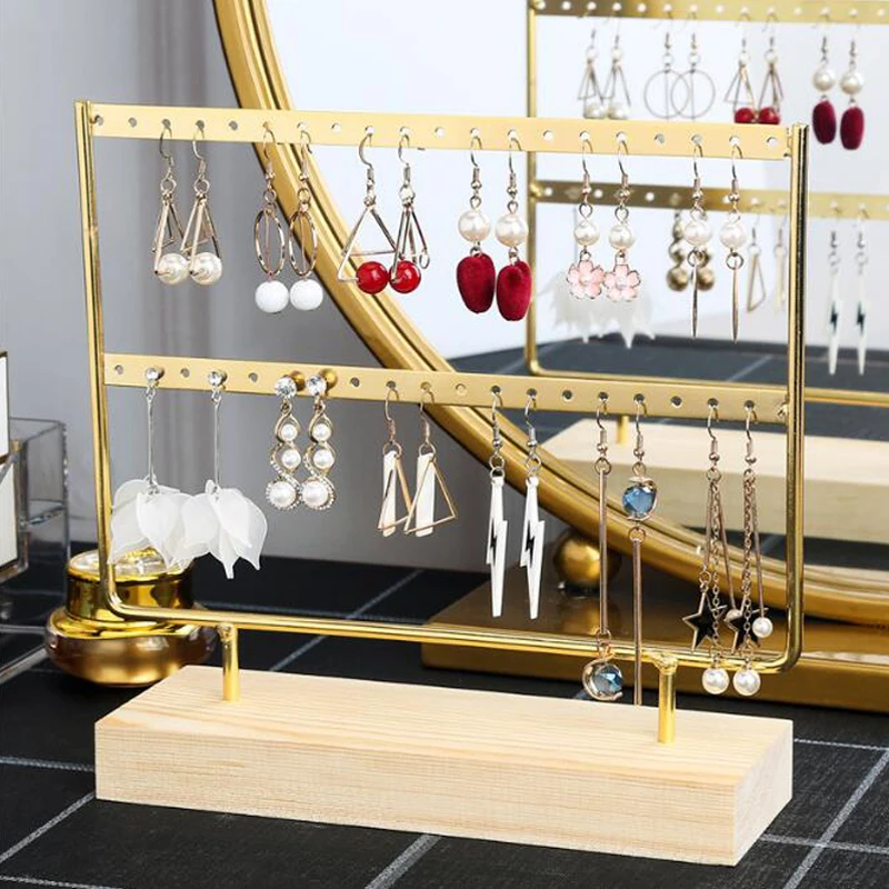 Nice Steel Earrings Storage Holder Jewelry Display Stand for Earrings Necklaces Bracelets Pendants Wooden Base Jewellery Rack