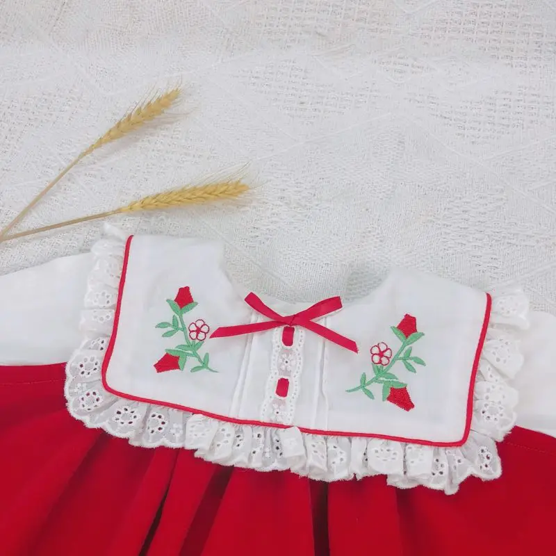 

2PCS Autumn Winter Velvet 0-5Y Baby Girl Velvet Vintage Red Vest Dress Spanish England Doll Princess Style Dress for Girls Party