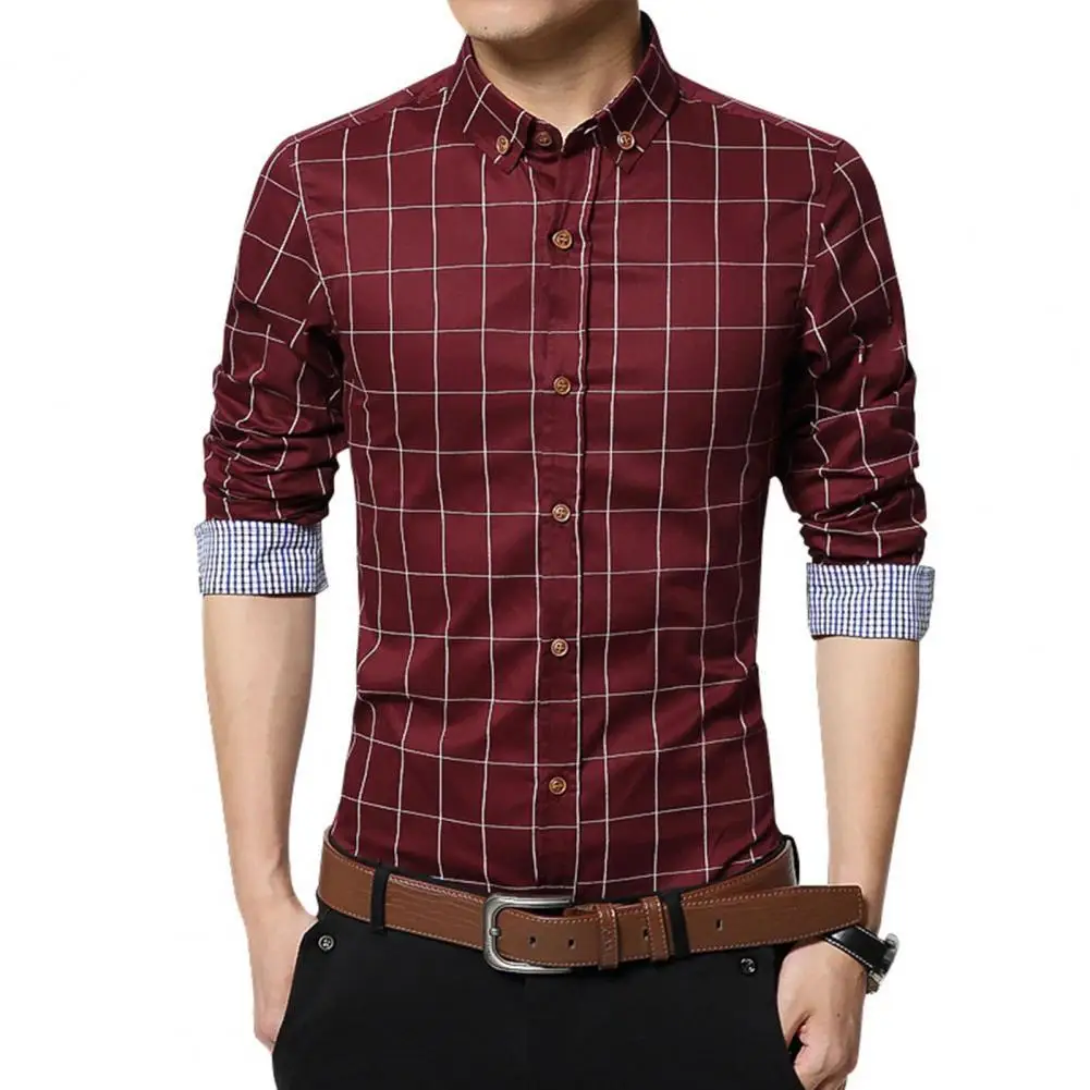 

Plaid Shirt Men Long Sleeve Slim Turn-down Collar Single-breasted Plus Size Slim Casual Business Dress Shirt Top Work