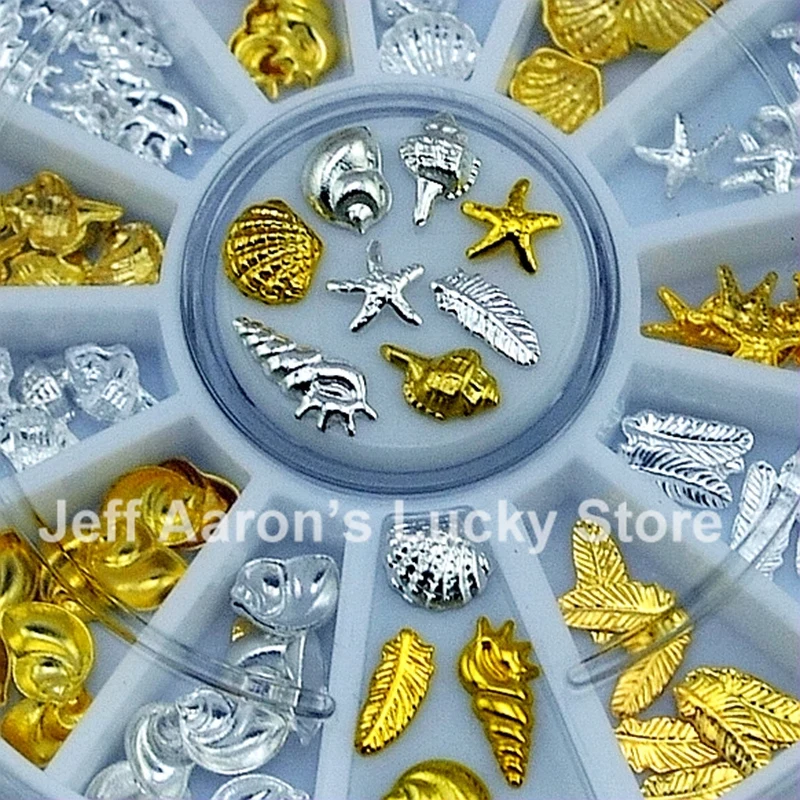 

Аксессуары для маникюра, металлические объемные украшения для дизайна ногтей, ракушки, морские звезды, колеса, золотистые и Серебристые, ма...