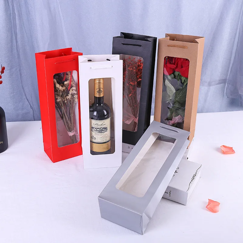 

12.5cmx8.5cmx35cm Red Wine Paper Bag With Window Flower Gift Paper Boxes Clear Window Wedding Party Gift Flower Bags 100pcs/lot