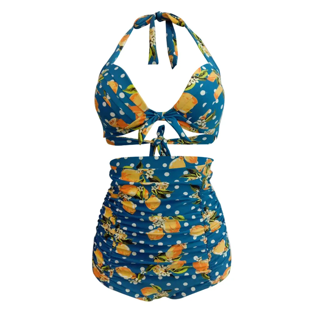 Новый купальник на бретелях бикини с высокой талией в горошек женский оптовая