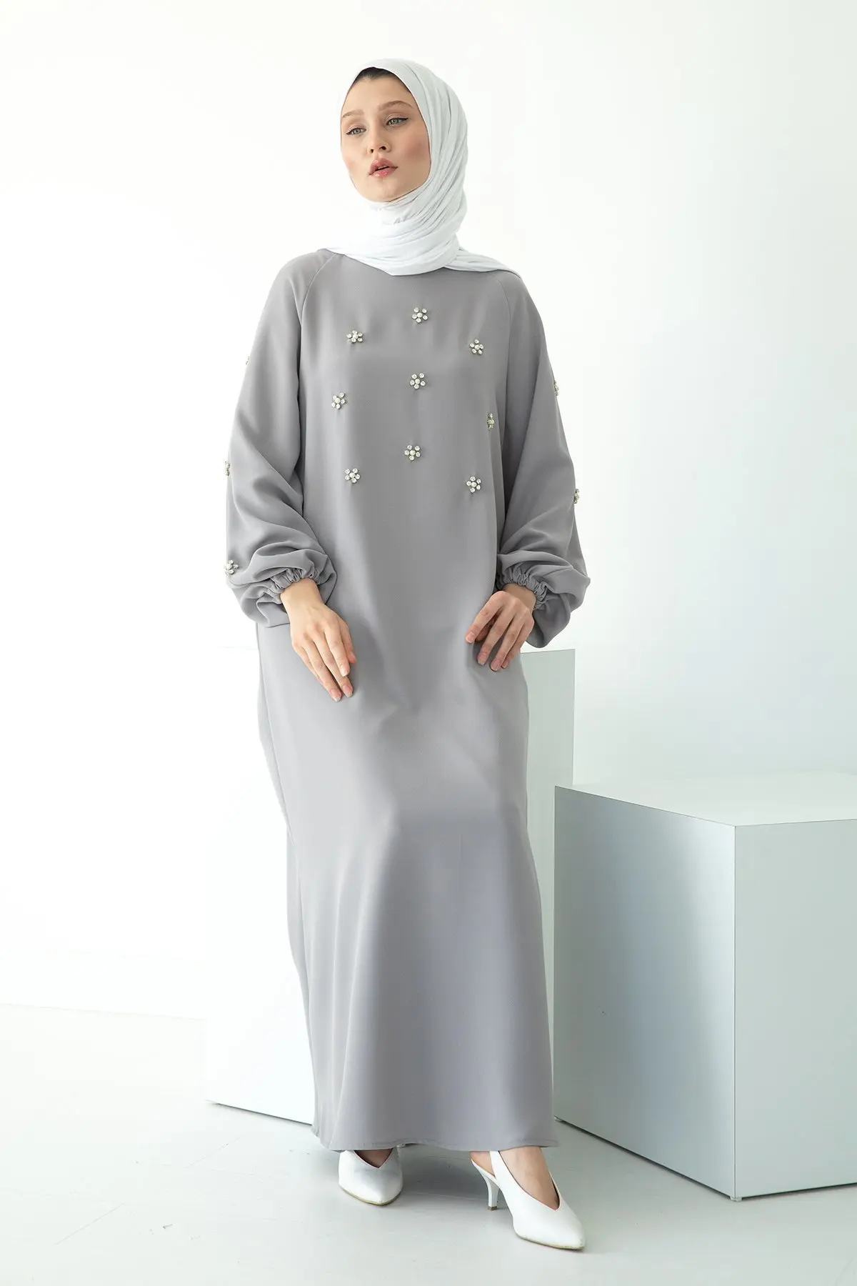 Solemn Abaya Long Dress Solid Color Hand Sewing Drill Raglan Sleeve Dress Middle East Ramadan Hui Dress Arab Women's Clothing