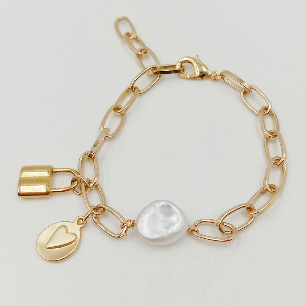 

free shipping,KESHI baroque PEARL BRACELET,100% nature freshwater pearl bracelet with LOCK beads, 18k gold plating chain