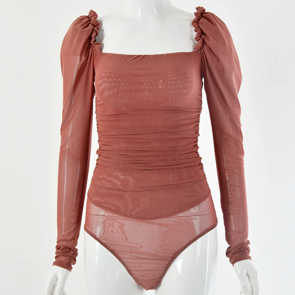 

Hot new i-neck long sleeve women's pleated sexy open back mesh Jumpsuit